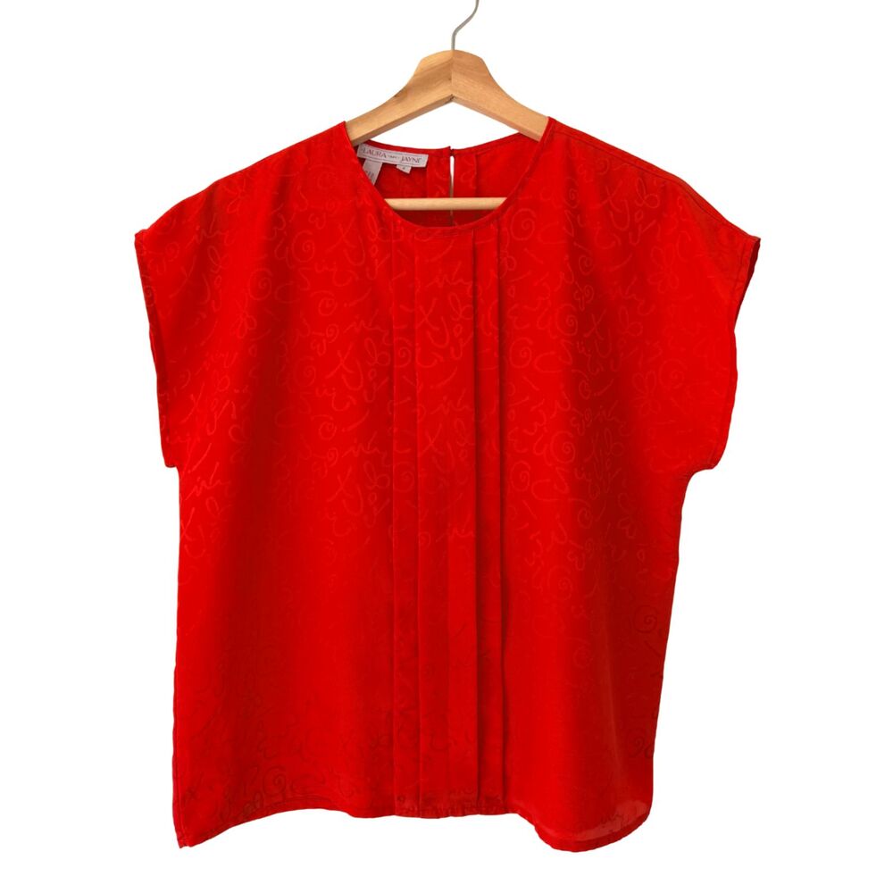 VTG Laura & Jayne Women's 6 Red Abstract Brocade Pleated Short Sleeve Blouse Top